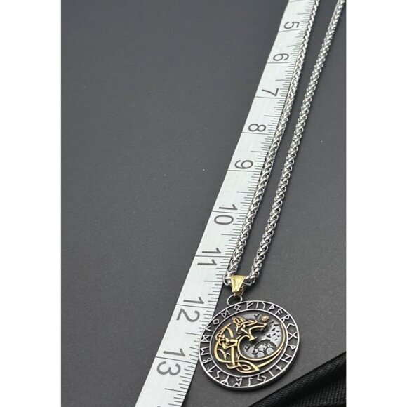 Viking Pendant Necklace Tree Of Life & Norse Runes On Dual-Tone Metal Chain - Picture 3 of 5